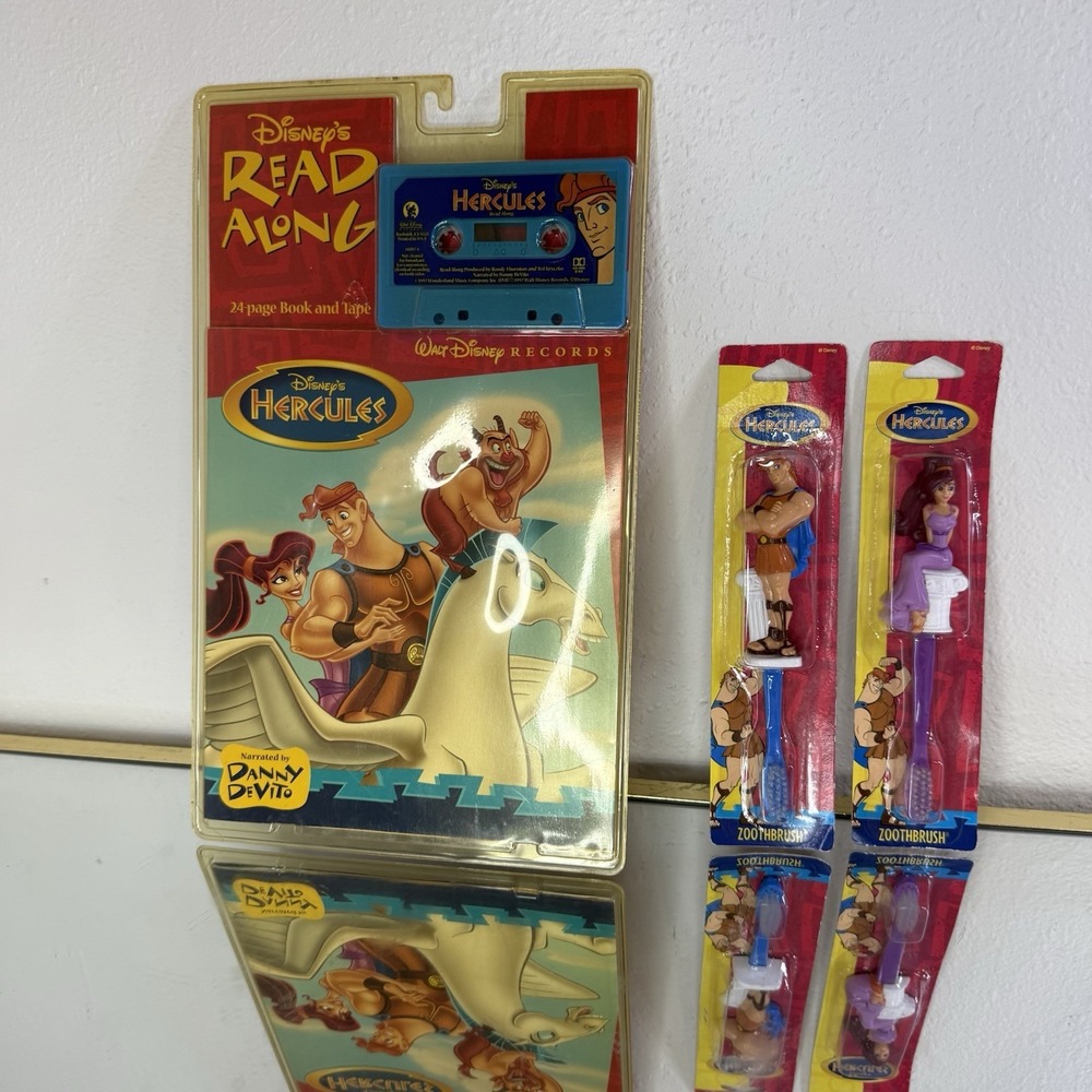 Vtg Disney Hercules Read Along Book & Cassette Tape by Danny DeVito & Toothbrush